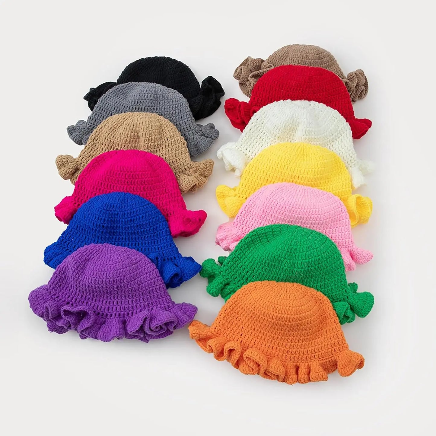 Women's Boho Crochet Ruffle Bucket Hat, Foldable Handmade Summer Beach Cap