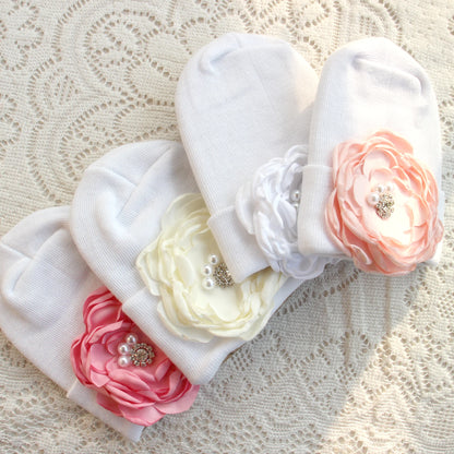 0-6 Months Newborn Knit Baby White Hat Baby Girl Knitted Bonnet Satin Diamond Flower Hat