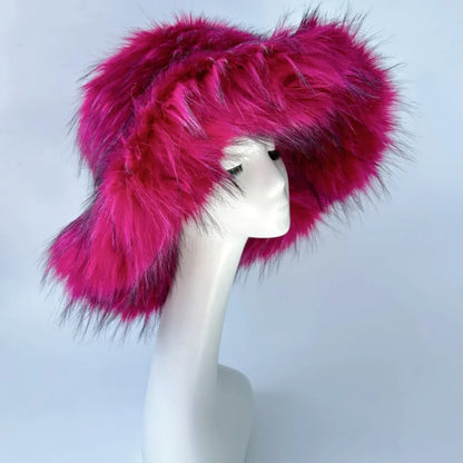 Luxury Fluffy Women Faux Fur Bucket Hats Oversized 17cm Wide Brim