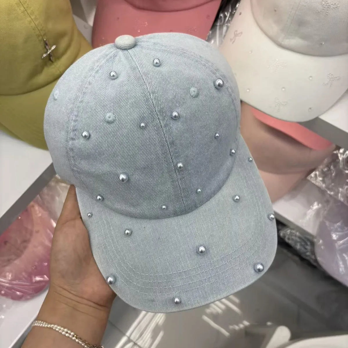 Korean Pearl Washed Denim Baseball Cap
