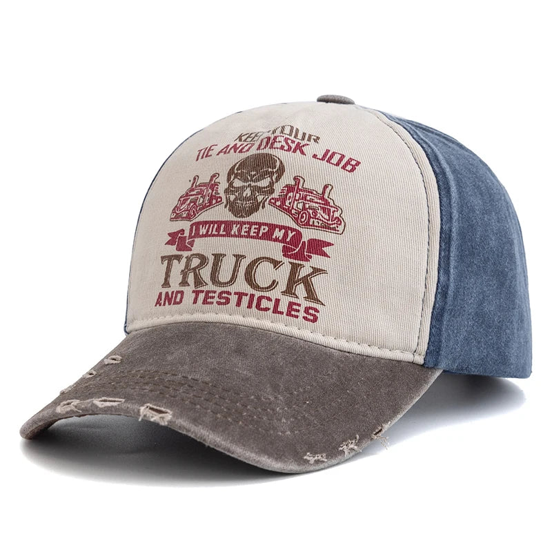 Unisex Washed Cotton Cap Skull Print Distressed Baseball Cap Men Women
