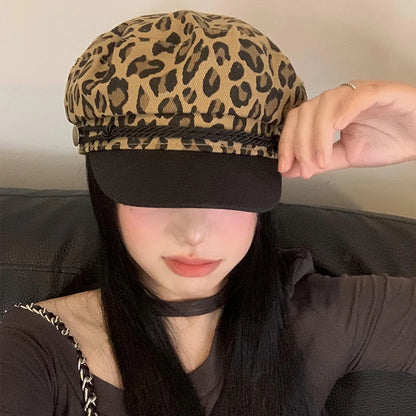 Women Leopard Berets Autumn Winter Vintage Octagonal Cap