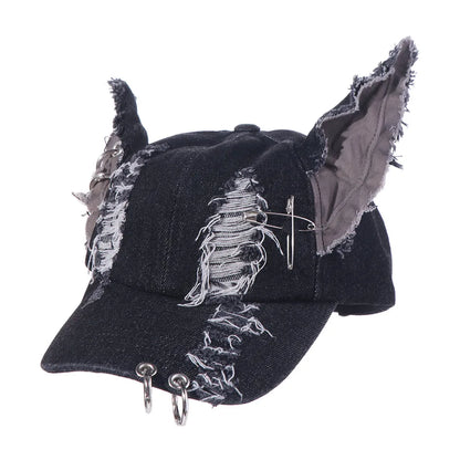 Rabbit Ripped Denim Baseball Cap Puppy Y2K Chains Doberman Ears Hat