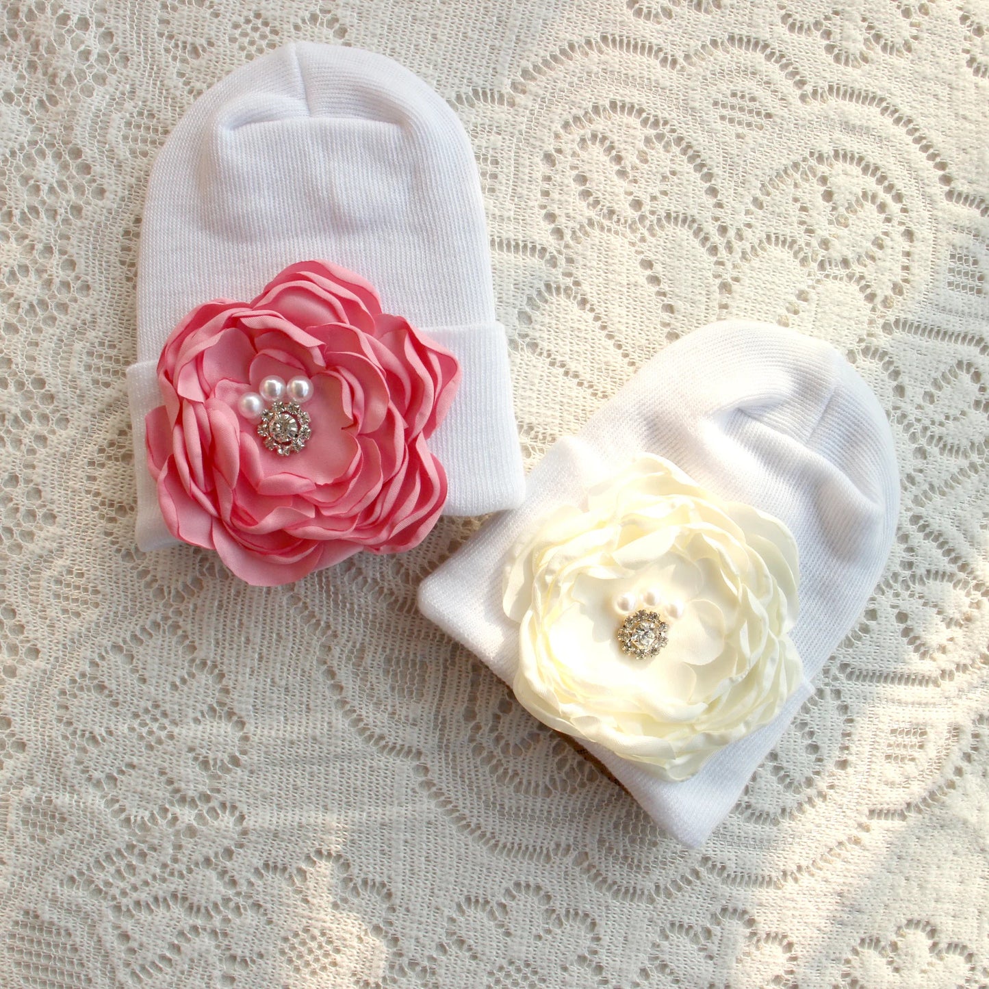 0-6 Months Newborn Knit Baby White Hat Baby Girl Knitted Bonnet Satin Diamond Flower Hat