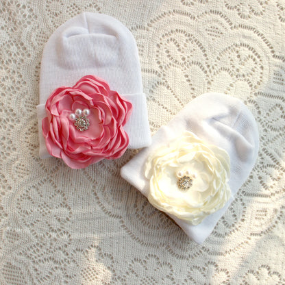 0-6 Months Newborn Knit Baby White Hat Baby Girl Knitted Bonnet Satin Diamond Flower Hat