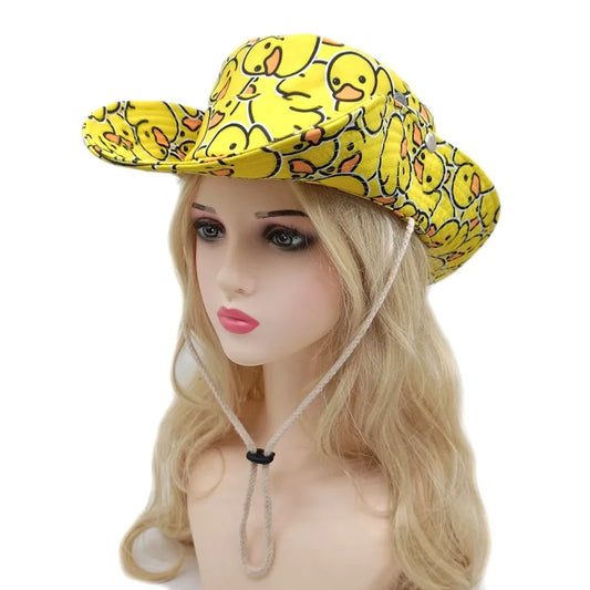 New Yellow Duck Pattern Fisherman's Hat Wide Brim Band Elastic Shrink Rope Unisex
