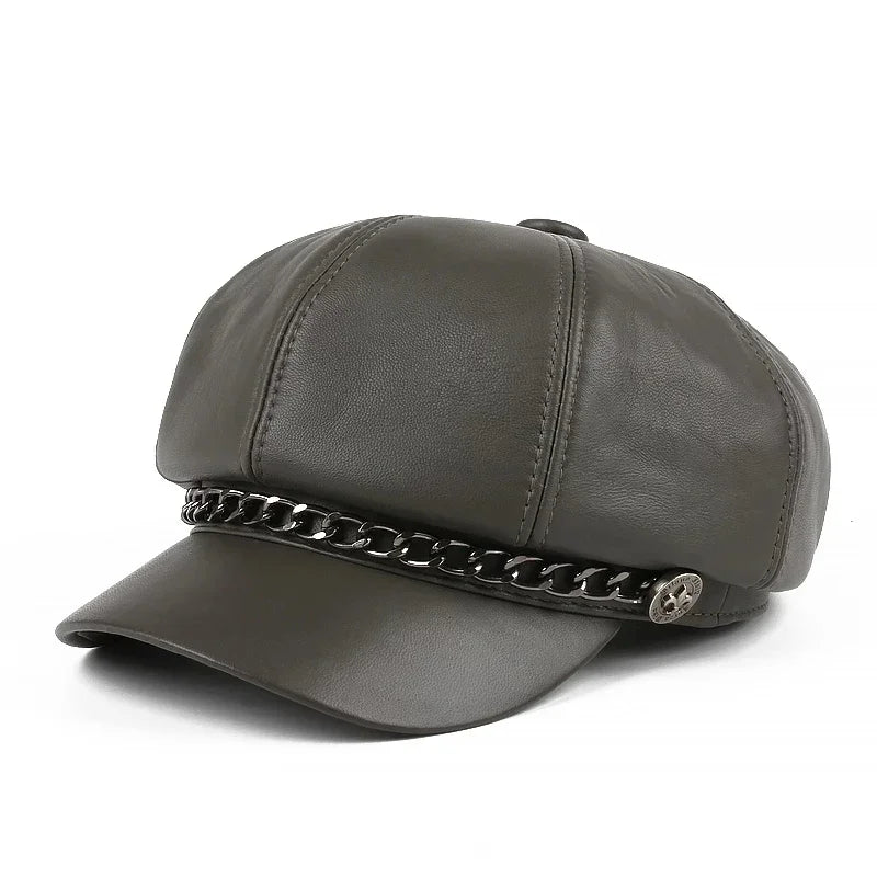 Harajuku Women Spring Octagonal Hat Female British Retro Genuine Leather Beret Caps
