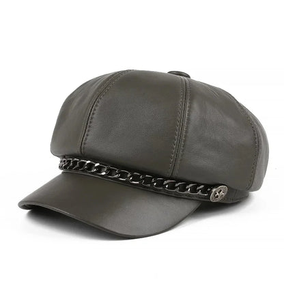 Harajuku Women Spring Octagonal Hat Female British Retro Genuine Leather Beret Caps