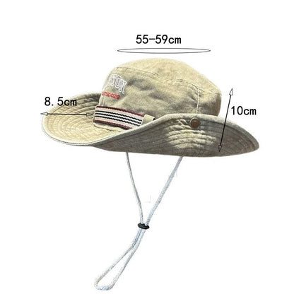 Washed Denim Bucket Hat Boston Embroidery Wide Brim Sun Hat