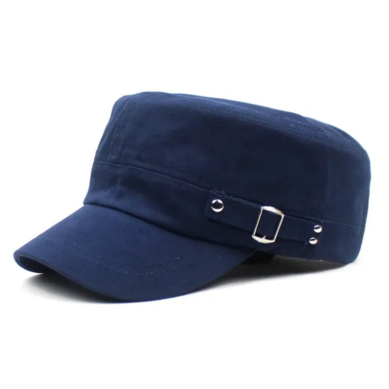 Army Cap Men Women Pure Color Washed Cotton Flat Top Cap Outdoor