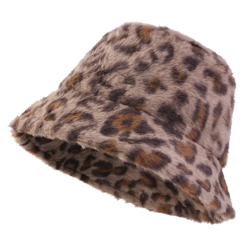 Autumn Winter Leopard Print Bucket Hat Thick Soft Warm Plush Fisherman Hat