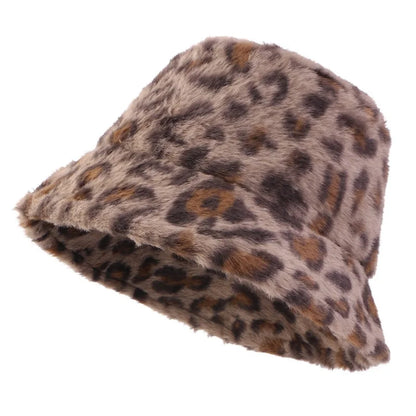 Autumn Winter Leopard Print Bucket Hat Thick Soft Warm Plush Fisherman Hat