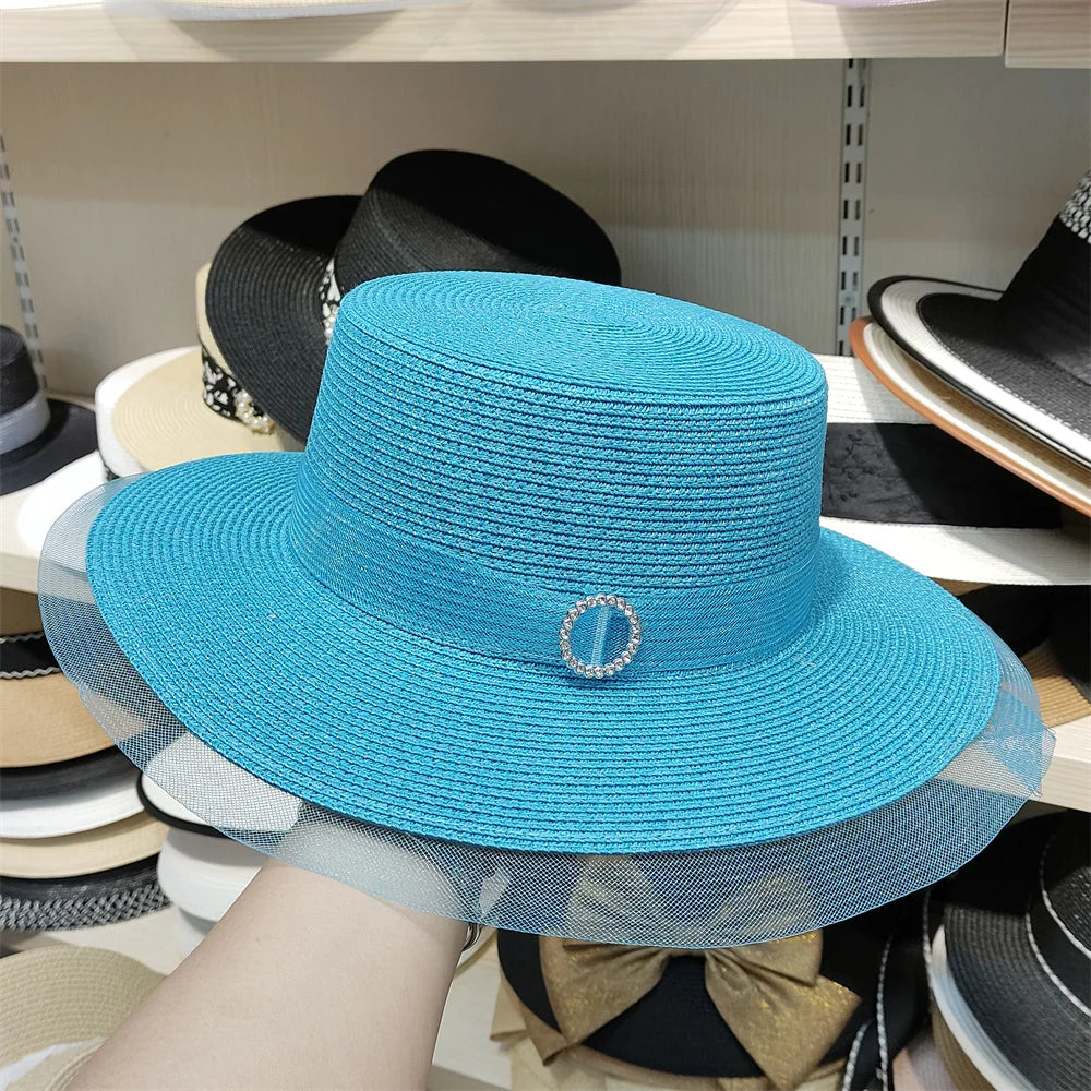 Woolen Rhinestone Solid Color Basin Hat Leisure Outdoor Beach Sun Hat
