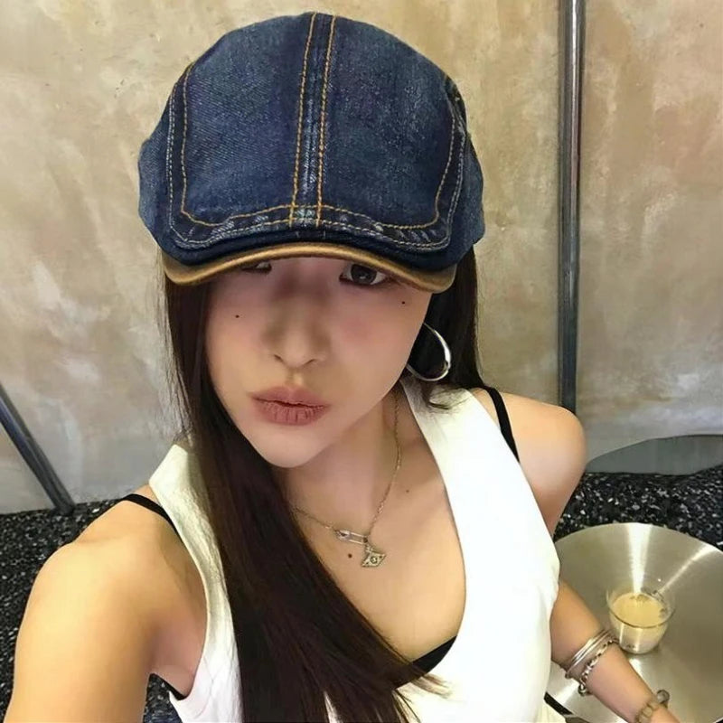 Vintage Washed Denim Gatsby Cap Ivy Flat Forwards Hat