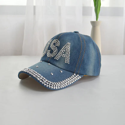 Baseball Cap Women Rhinestone Denim Cloth Sunshade Snapback Hats