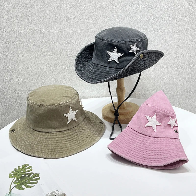 Unisex Washed Cotton Western Bucket Hats Men Women