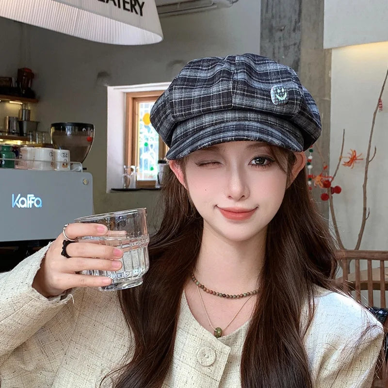 Women College Style Plaid Beret Korean Versatile Face Small Bud Painter Hat