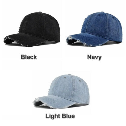 Ripped Brim Denim Baseball Cap Hole Adjustable Distressed Peaked Cap