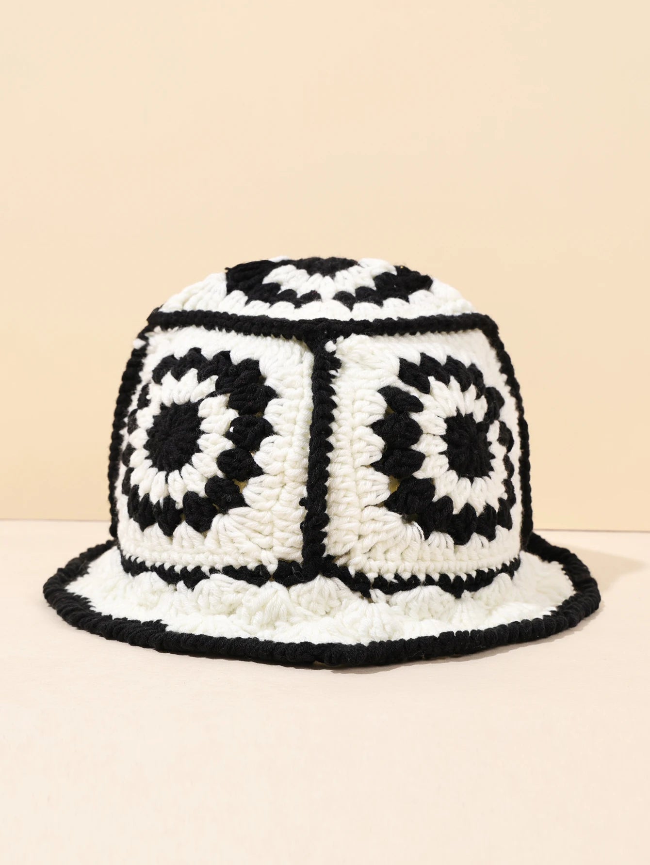1PC Handmade Crochet Vintage Bucket Hat - Geometric Patch Super Soft and Warm