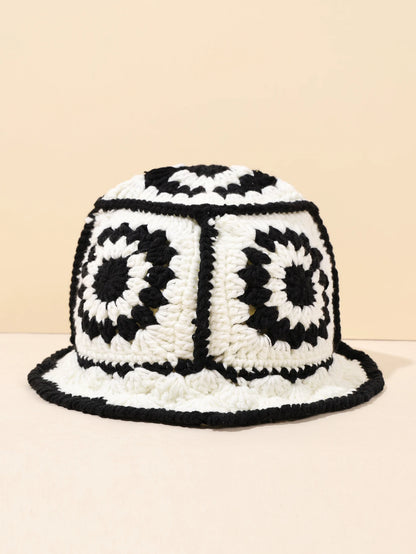 1PC Handmade Crochet Vintage Bucket Hat - Geometric Patch Super Soft and Warm