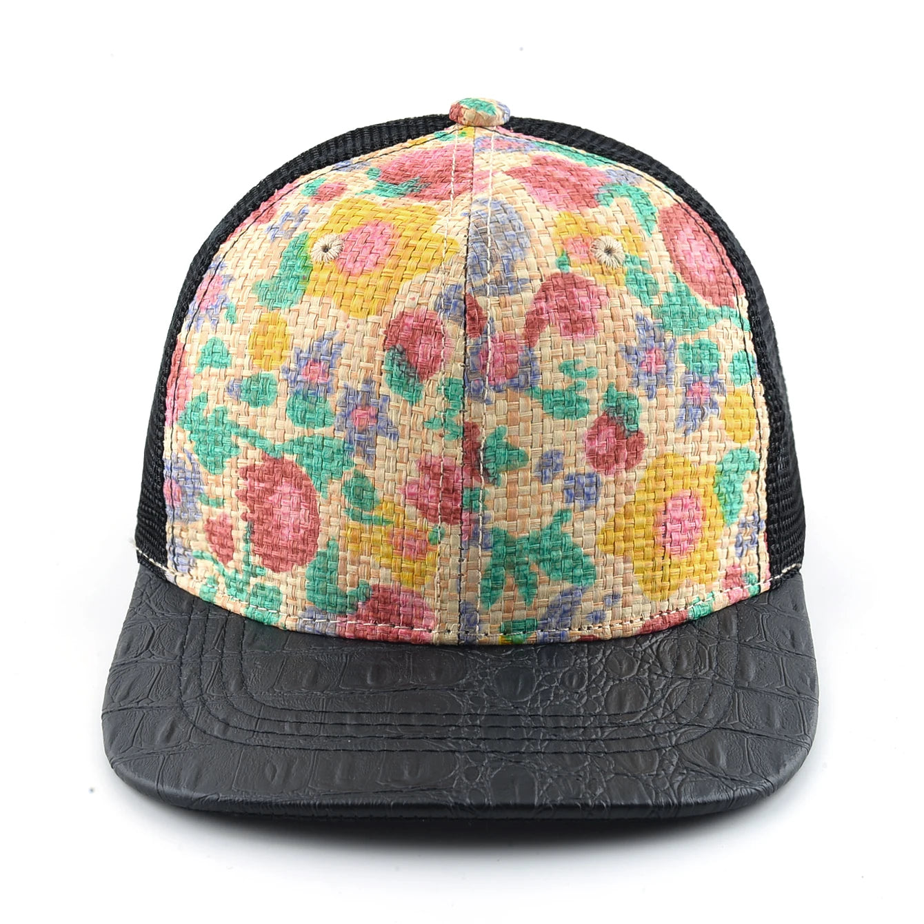 Straw Floral Flat Bill Baseball Cap Women Summer