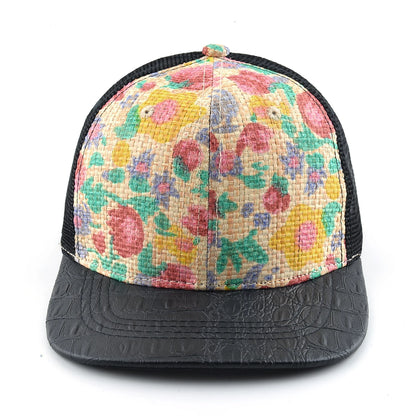 Straw Floral Flat Bill Baseball Cap Women Summer