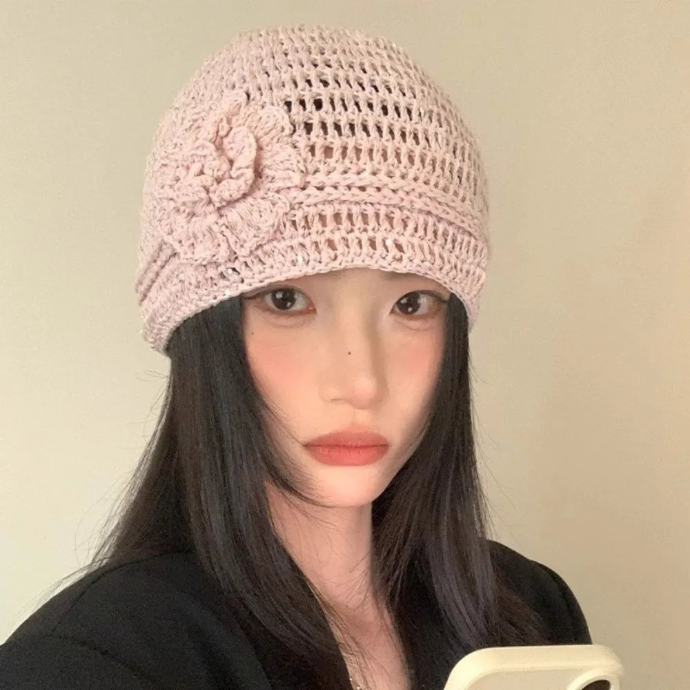 Y2k Style Flower Knitted Caps Hand-Woven Hollow Beanies Cap