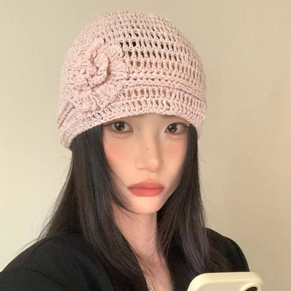 Y2k Style Flower Knitted Caps Hand-Woven Hollow Beanies Cap