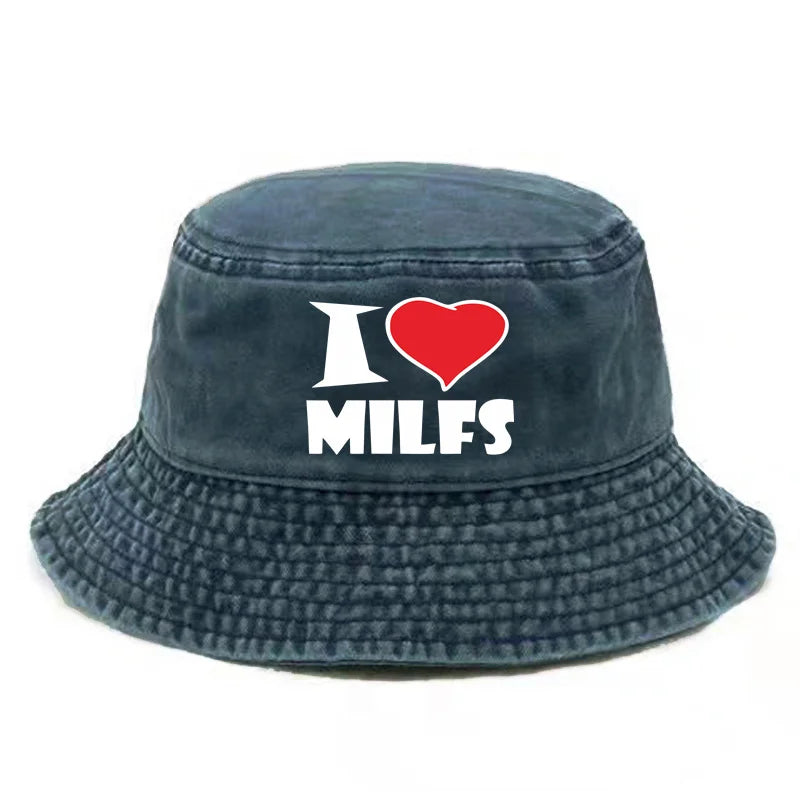 I Hot Love Milfs Bucket Hat Distressed Hats Cap Washed Men Retro