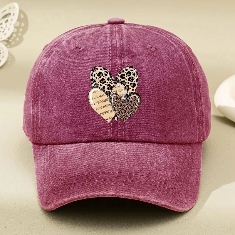 Three Leopard Print Love Pattern Women's Washed Baseball Caps