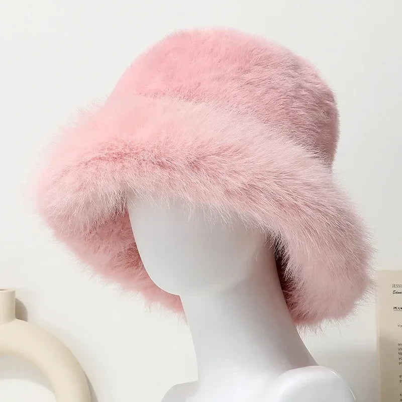 Bright Yellow Imitation Mink Fur Bucket Hat Women's Panama Style Korean New
