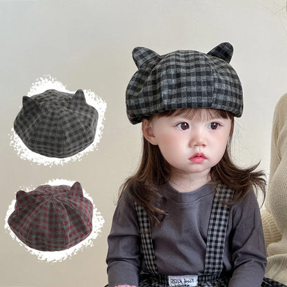 Cute Cats Ears Beret Japanese Children Octagonal Hat Fashion Plaid Kids Pumpkin Hats