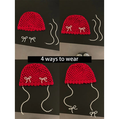 Pearl Bow Pendant Hollow Handmade Knitted Pullover Hat Street Korean