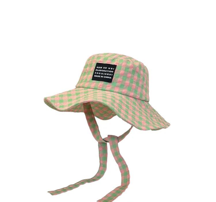 Ins Blogger Retro Plaid Tie Strap Bucket Hat Women