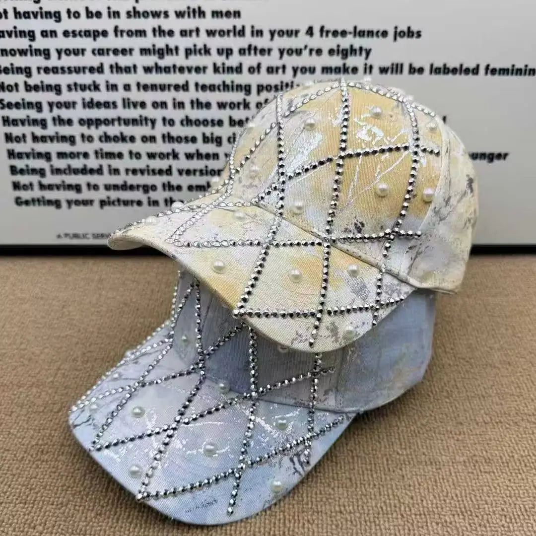 Unisex Retro Versatile Tie-Dye Quilted Rhinestone Imitation Pearl Baseball Cap