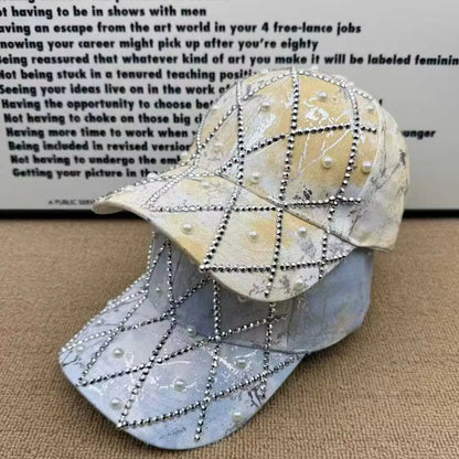 Unisex Retro Versatile Tie-Dye Quilted Rhinestone Imitation Pearl Baseball Cap