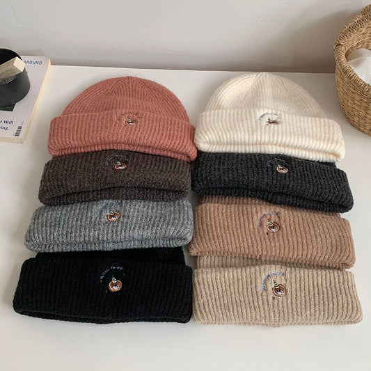 ‌2025 New Autumn Winter Bear Embroidery Windproof Pullover Beanie Hat