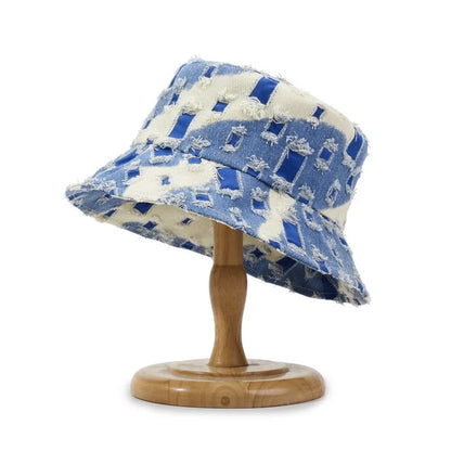 Fashion Women Men Washed Denim Ripped Bucket Hats