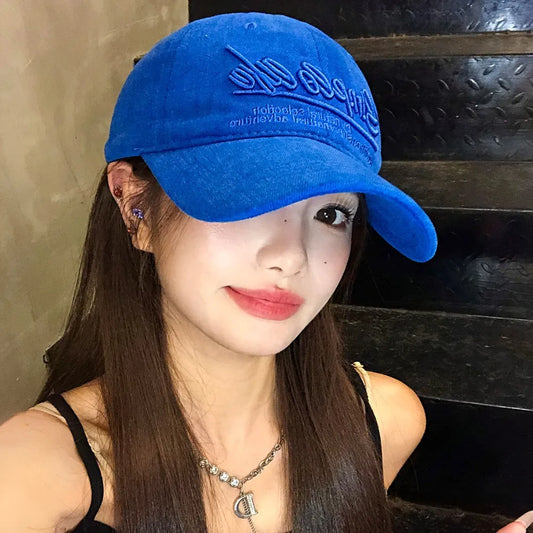 Vintage Letter Embroidered Blue Baseball Cap Wide Brim Large