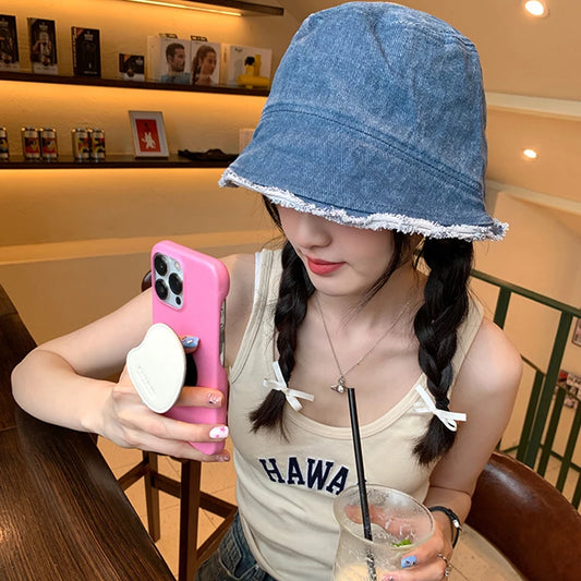 Fashion Vintage Bucket Hat Women Solid Color Foldable Washed Cotton