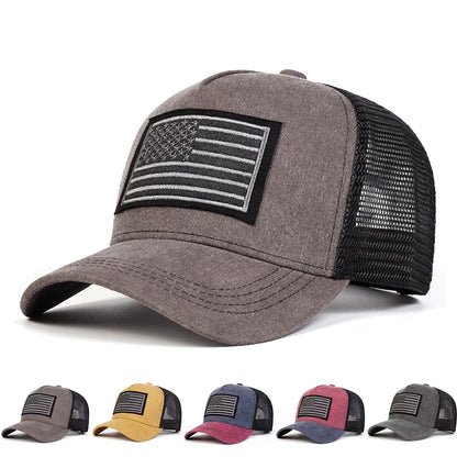 Unisex American Flag Embroidery Washed Baseball Net Caps