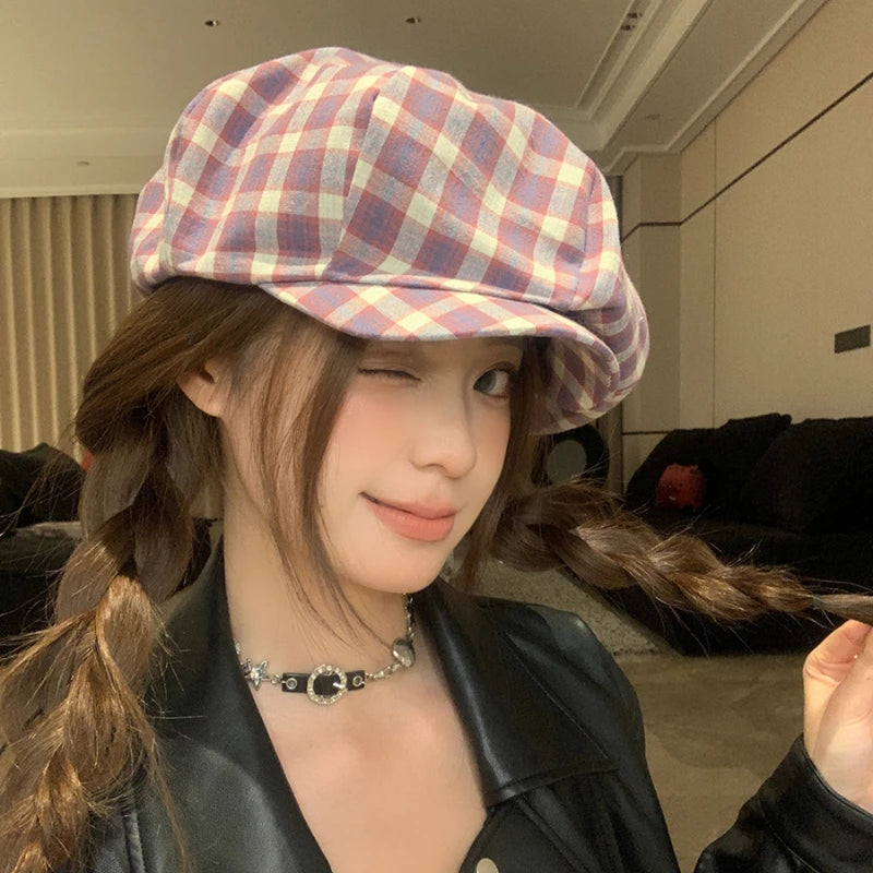 Retro Literary And Artistic Color Matching Plaid Berets Cap