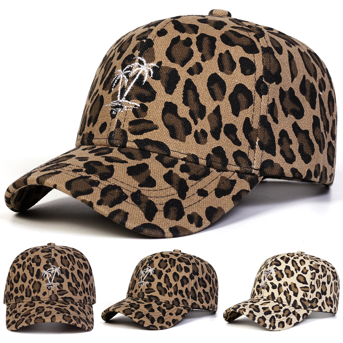 Unisex Coconut Tree Embroidery Leopard Print Baseball Caps