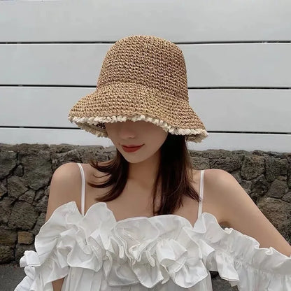 Summer Fashion Lady  Beach Hat Foldable Straw Crochet Bucket Hat