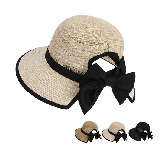 Girls' Versatile Bow-Tied Ponytail Hole Large Eaves Straw Hat