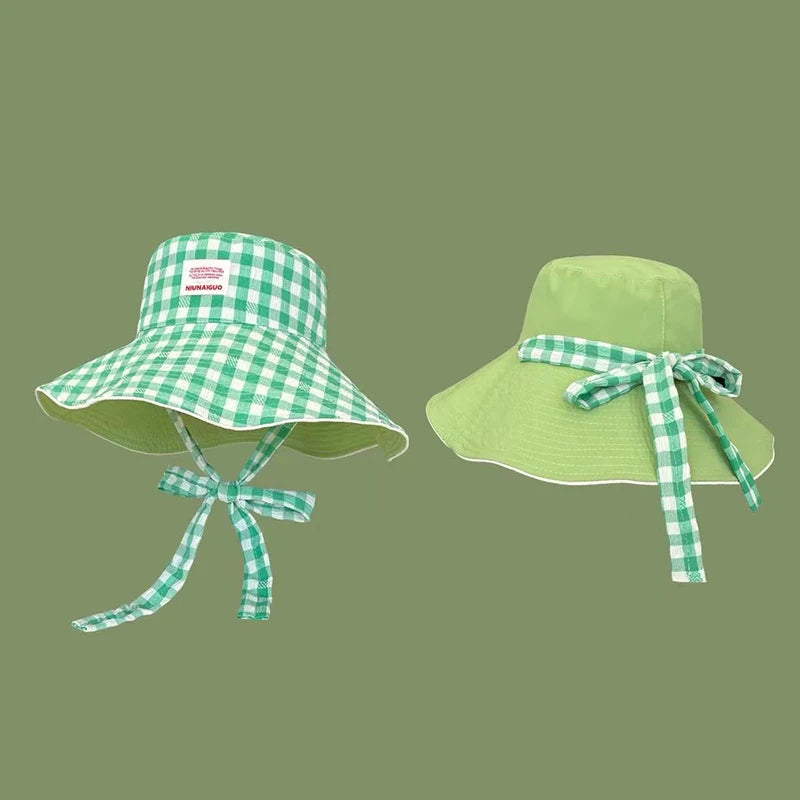 Double-Sided Plaid Wide Edged Lace-Up Bucket Hat