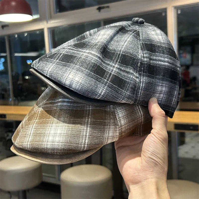 Autumn And Winter Japanese Plaid Warm Forward Hat
