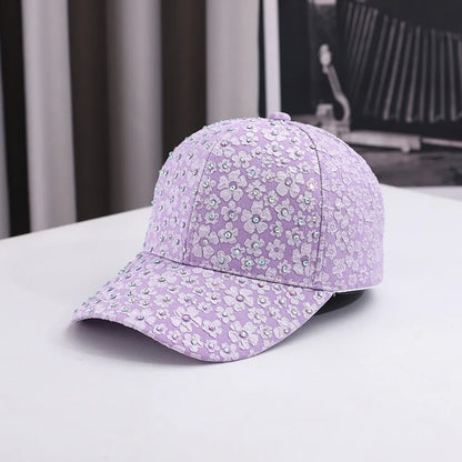Breathable Floral Baseball Cap Rhinestone Decoration Adjustable