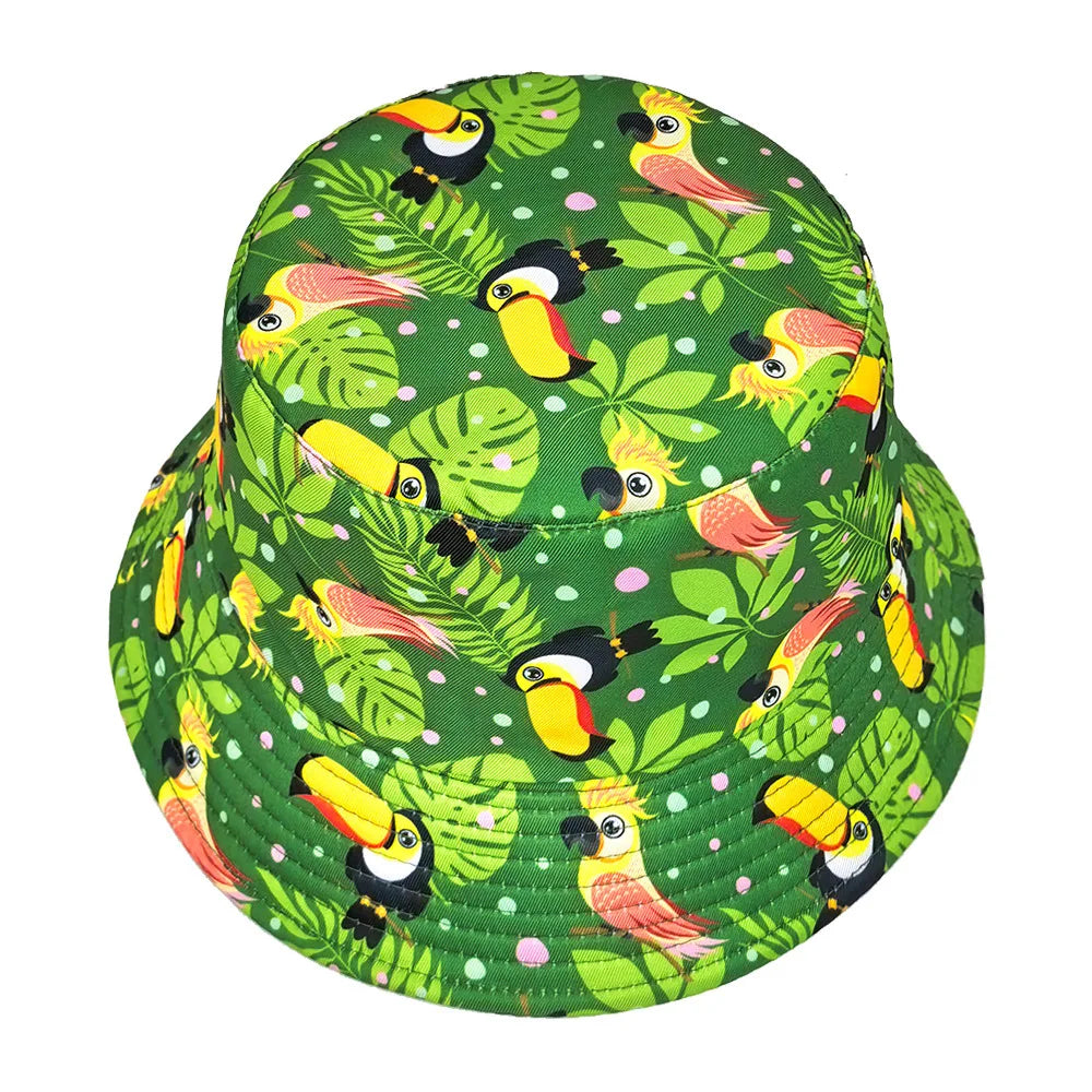 Green Leaf and Bird Pattern Bucket Hats Women Men
