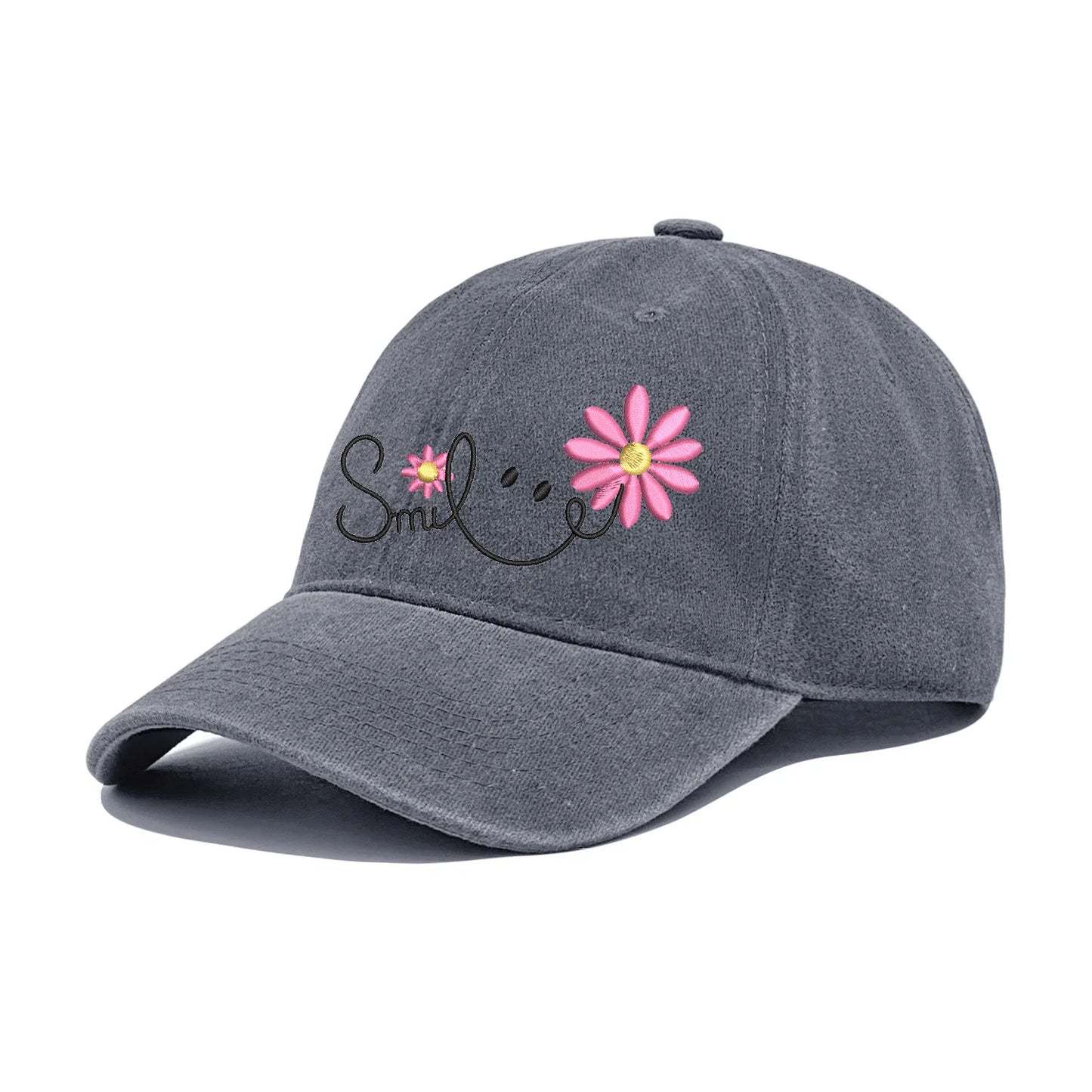 Sweet Daisy Flower Smile Embroidery Washed Cotton Hat